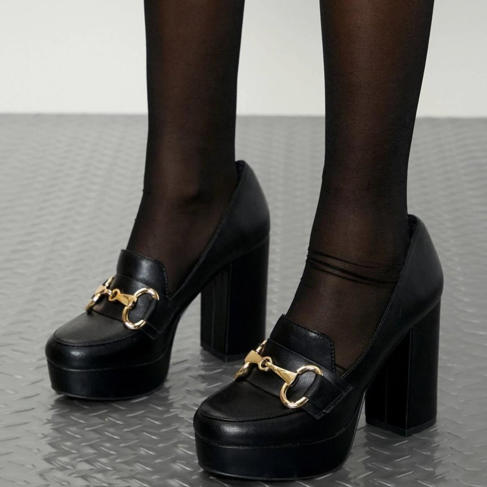 New Black Platform Slip On Penny Loafers Chunky Heels